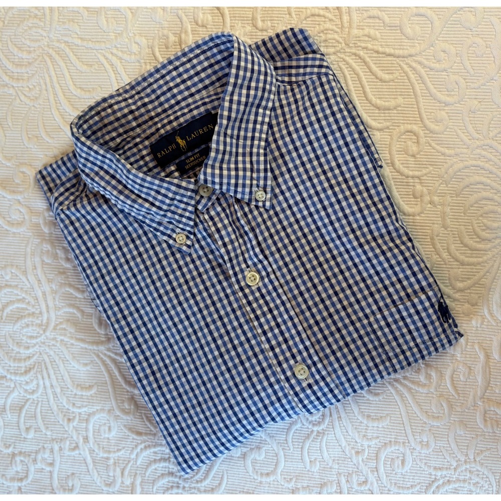 Polo Ralph Lauren Men Blue Gingham Seersucker Slim Fit Short Sleeve Shirt Large